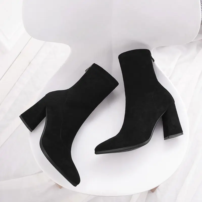 

2021 Velvet Thick Elastic Pointed Winter Women's Boots High Heel Boots Black Fashion Platform Ladies Females Boots For Woman New