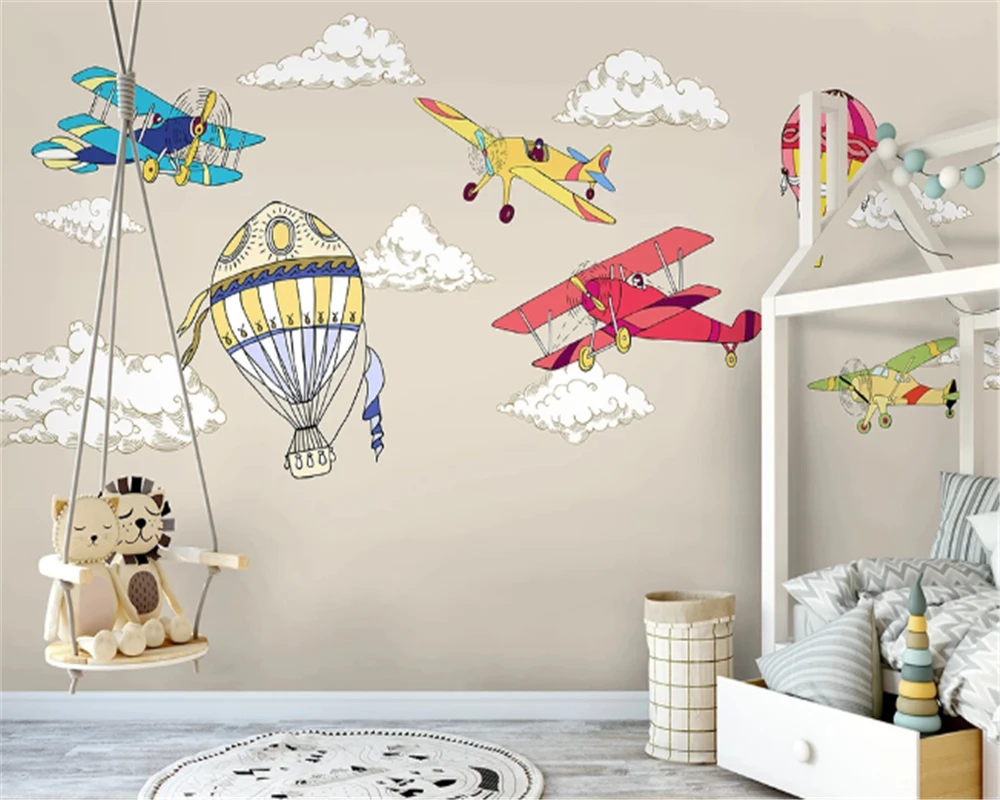 

beibehang behang Nordic minimalist hand-painted classic cartoon airplane hot air balloon children's room background wallpaper