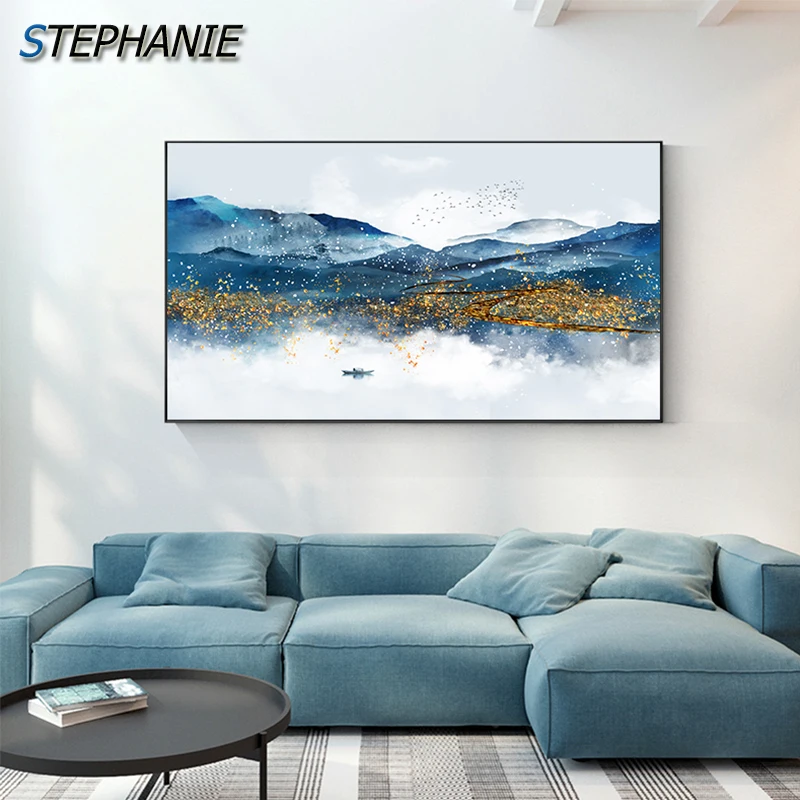 

Abstract Golden Blue Poster Print Blue Sea Cloud Canvas Painting for Living Room Big Size Lake Boat Wall Art Pictures Tableaux