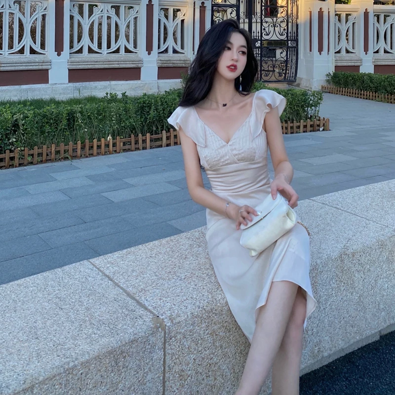 

2021Summer New Women Chiffon Gentle Style Retro V-Neck Dresses French Temperament Flying Sleeve Slim Mid-Length Prom Dress 9 Kl
