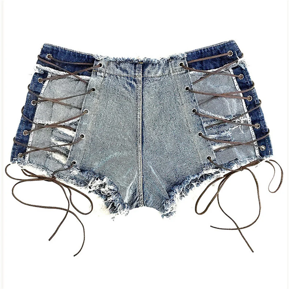 Fashion Women Summer Sexy Lace Up Shorts Jeans High Waist Thong Shorts Pole Dance Clubwear Push Up Skinny Denim Booty Shorts