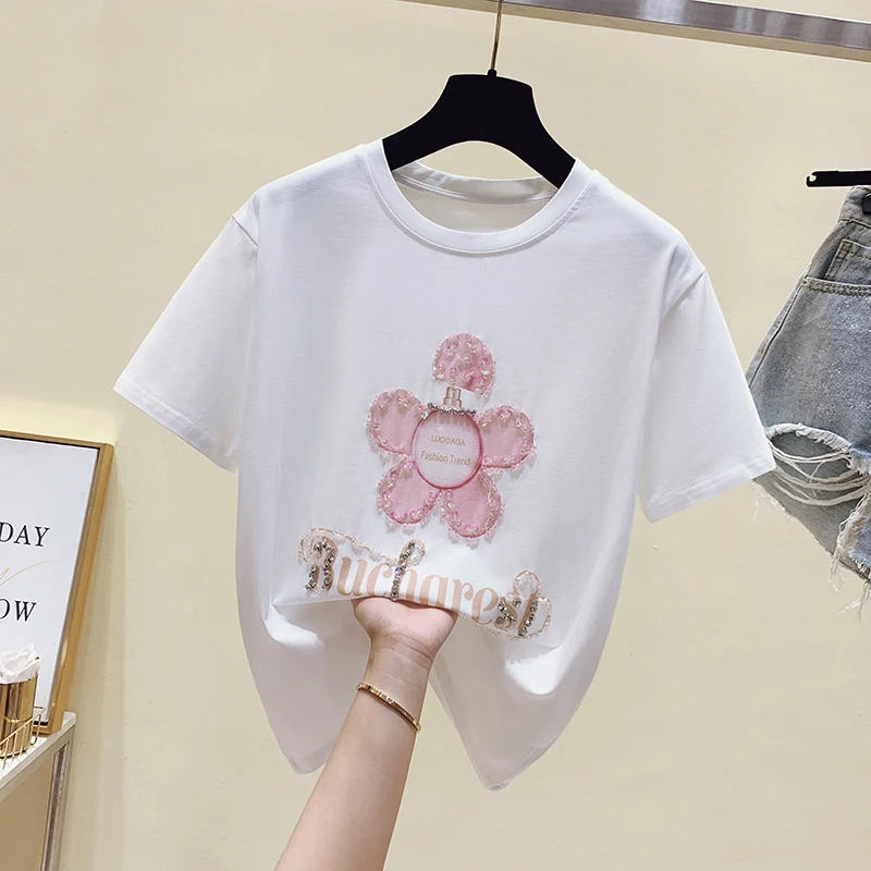 

Женская одежда, новая Корейская летняя модная футболка с буквенным принтом и бисером, женские топы, свободная женская футболка с коротким р...