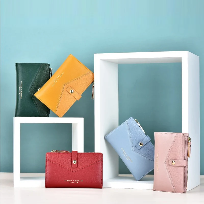 

YIZHONG Leather Short Patchwork Wallets for Women Lychee Pattern Thin Wallet for Daily Multifunction Card Holder Coin Purses