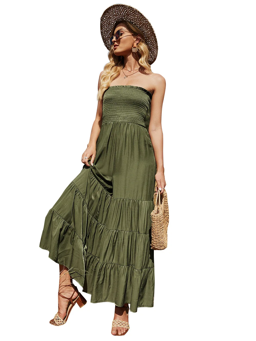 

Women's Tube Top Solid Color Flared Pants Corset Casual Loose Jumpsuit