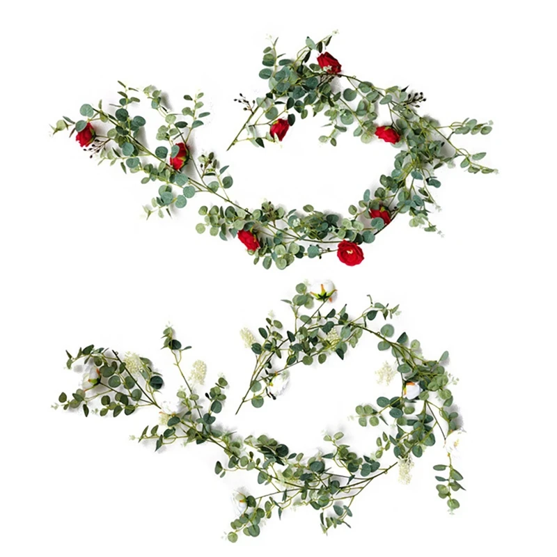 

Artificial Eucalyptus Garland with Little Camellia Faux Vines Ivy for Wedding Backdrop Arch Wall Decor