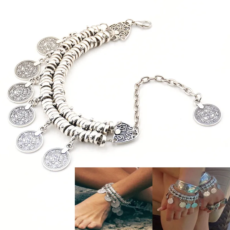 

Anklet Vintage Women Barefoot Jewelry Antique Silver Plated Coin Charming