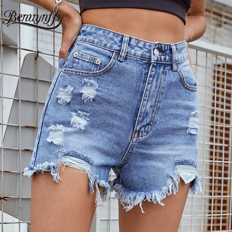 

Benuynffy Fashion Raw Hem Women Denim Shorts Zipper Fly High Waist Ripped Jean Shorts Female Casual Streetwear Short Jeans 2021