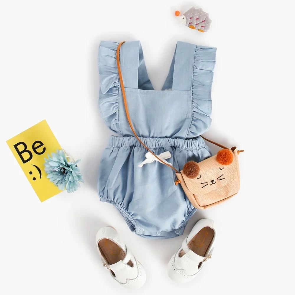 New Baby Girl Clothing Blue Ruffles Sleeve Backless Romper Newborn Baby Jumpsuit Girls Sunsuit Outfits Clothes