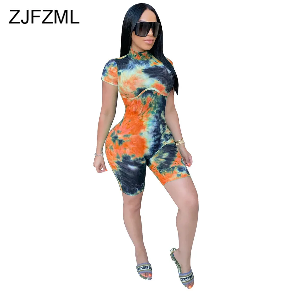 

Plus Size Ribbed Summer Bodycon Jumpsuit For Women 2021 Tie-Dyeing Print High Waist Beach Playsuit Casual Short Sleeve Body Suit