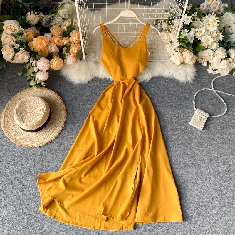 Женское пляжное платье с открытой спиной однотонное трапеция v образным вырезом