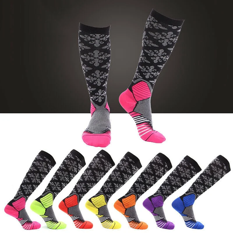 

7 Colors Compression Socks Knee High/Long Printed Polyester Nylon Hosiery Cycling Footwear Accessories For Women Men 20-30 mmHg