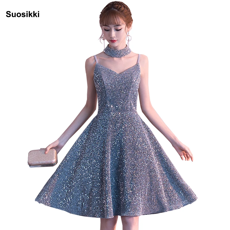 Серебристый Горячие продажи Коктейльные Вечерние платья Короткие Vestido de Festa Мини сексуальное платье с аппликацией v-образным вырезом бисером жемчуг - Цвет: Серебристый