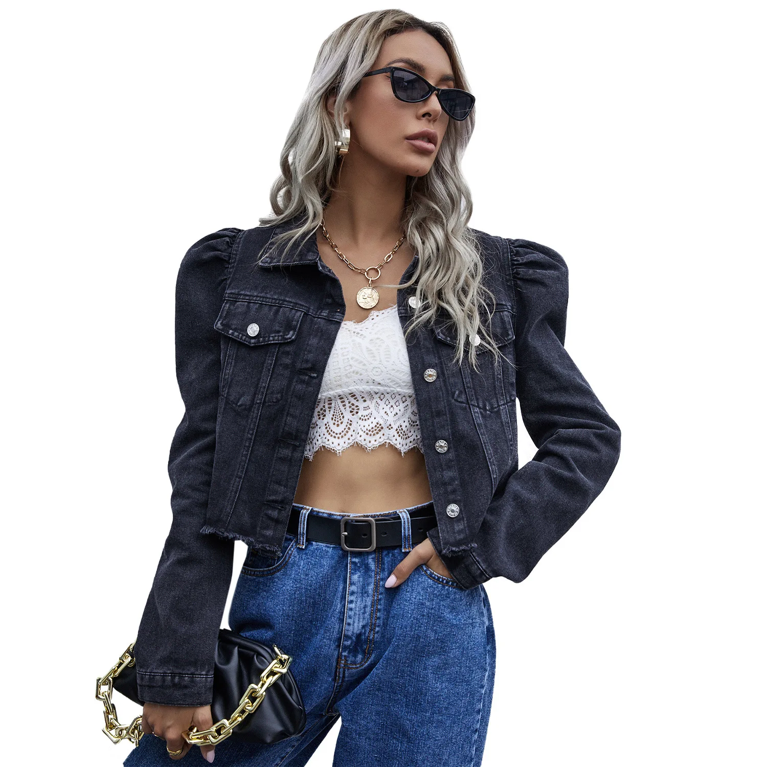 

Women's fashion lapel elegant blue denim casual short coat female autumn winter vintage Button Pockets Denim Jackets Women coats