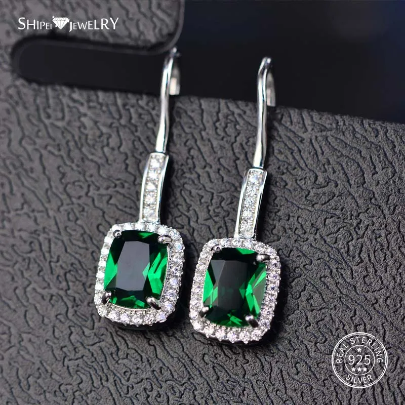Emerald Shipei 925 пробы Серебряные Ювелирные Украшения Розовый Желтый Сапфир Изумруд Рубин квадратные Висячие серьги для женщин подарок на день рождения - Цвет камня: Emerald