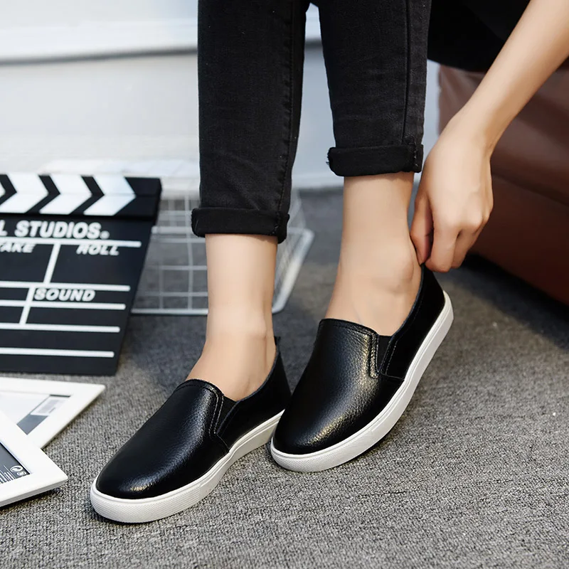 

2021 New Leather Women Fltats Casual Leather Shoes For Women Spring Summer Flat Shoes White Ladies Lacing Loafers Zapatos Mujer