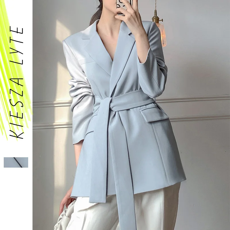 Light Blue Suit Jacket Women 2022 Spring New Korean Casual Sashes Office Lady Slim Blazer Coat Female Outfits