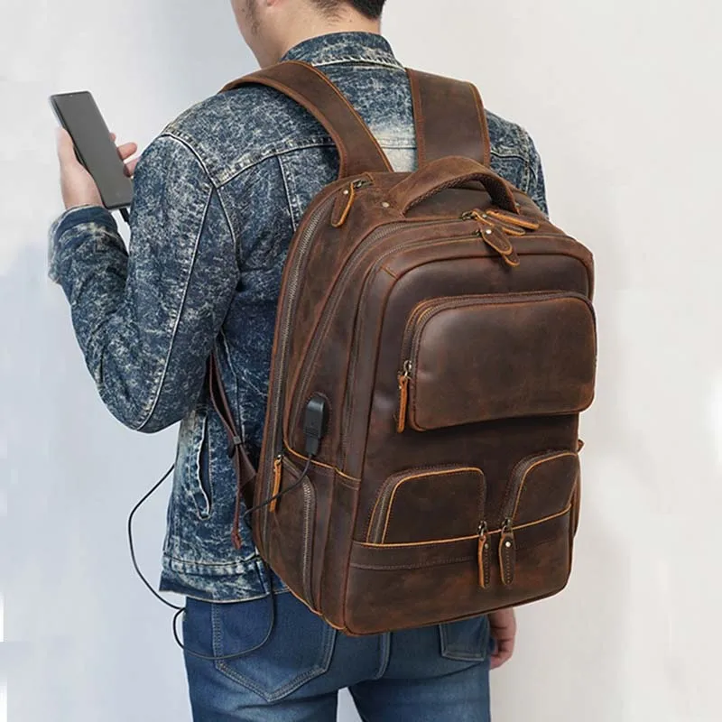 For Men 15.6 Inch Laptop Backpack Usb Charging Cowhide Male 