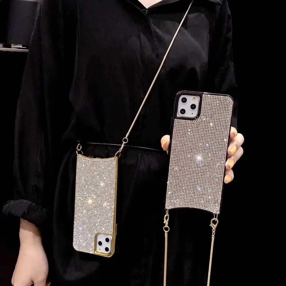 Блестящие стразы, Алмазный чехол через плечо для iPhone XS MAX XR X 6 8 7 Plus 11 Pro, Женский чехол с длинным ремешком и металлической цепочкой