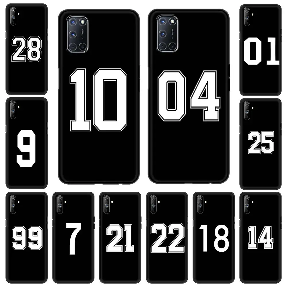 

Football Basketball Black Number Phone Case For Oppo A53 A52 A54 A15 A9 2020 Black Shell For Realme 8 7 6 Pro C3 C21 Soft Cover