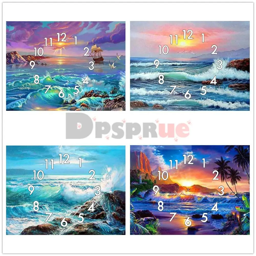 

Dpsprue 5D Diamond Painting Kit With Clock Cross stitch Full Square Round Diamond Embroidery Mosaic Sea Scenery Gift