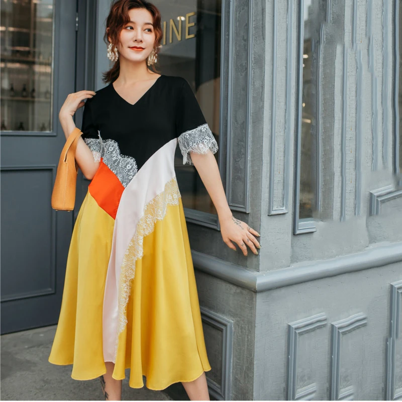 LANMREM женское платье с коротким рукавом и v образным вырезом контрастного цвета