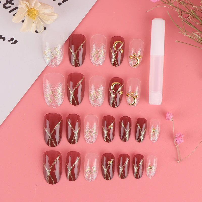 24Pcs/1Set Long Design French Fake Nail Art Tips With Gold Color Glitter Acrylic Full Cover False Nails Tool | Красота и здоровье