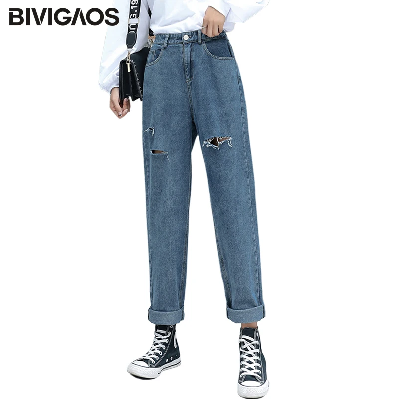 

BIVIGAOS 2019 Новые Модный повседневные трендовые дырявые брюки женские свободные джинсы прямые шаровары рваные джинсы в мужском стиле для женщи...