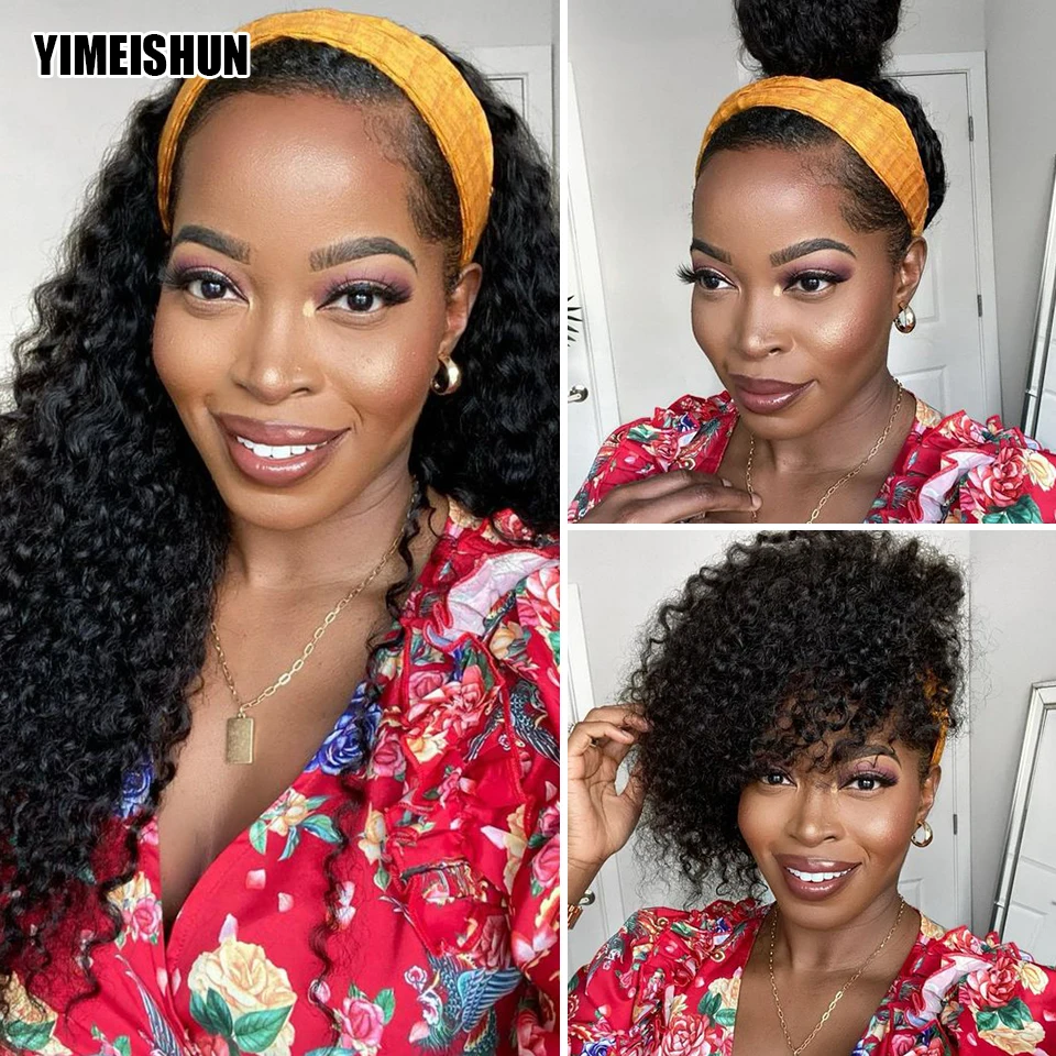 

Парик из монгольских кудрявых натуральных волос, парик с головной повязкой кудрявые, на резинке, полностью машинно изготовленный парик для ...