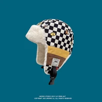 checkerboard bomber hats for women mens hats faux rabbit fur fluffy caps earmuff thick cute cartoon print cycling caps corduroy