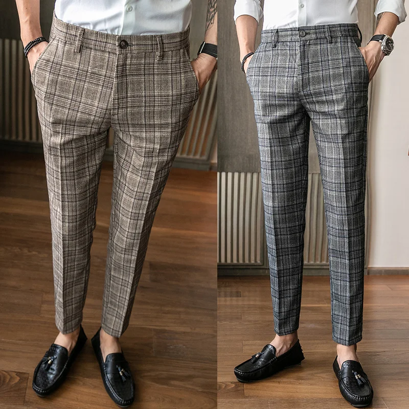British Style Dress Suit Pant 2021 New Men Brown Classic Plaid Suit Pant Men Slim Fit Business Casual office Work Pant Trousers
