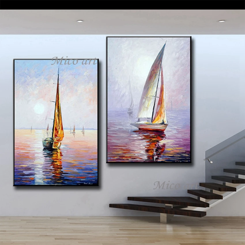 

100% hand-painted oil painting on the sailboat in the living room bedroom. The beautiful reflection of the sunrise has no frame,