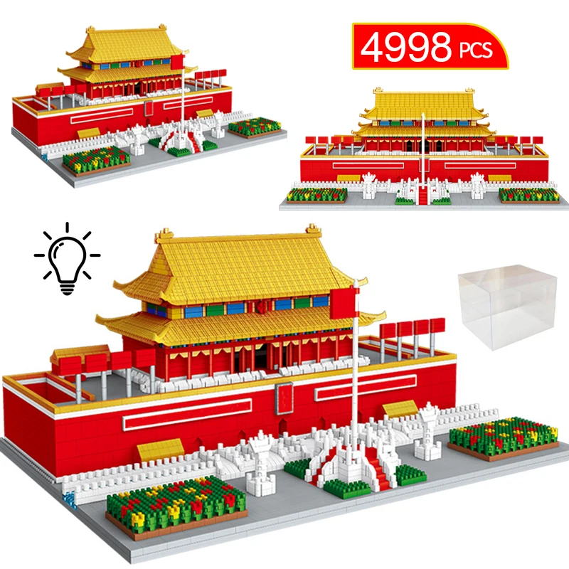 

4998 Pcs Mini Famous City Tiananmen Square Traditional Architecture Building Blocks LED Light Bricks Educate Toys For Kids Gifts