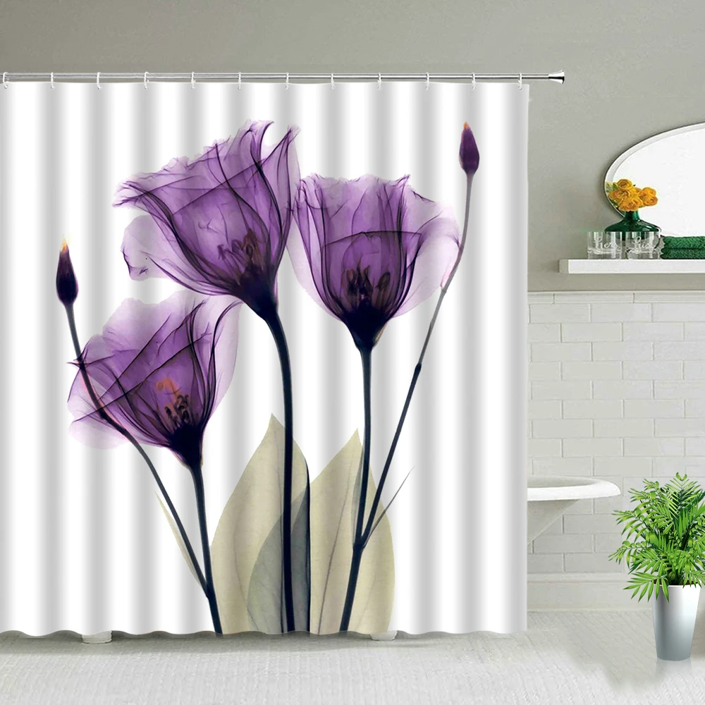 

Tulip Dandelion Flower with Waterdrop Printing Shower Curtains Waterproof Cloth Curtain Set Bathroom Home Decor Bathtub Screens