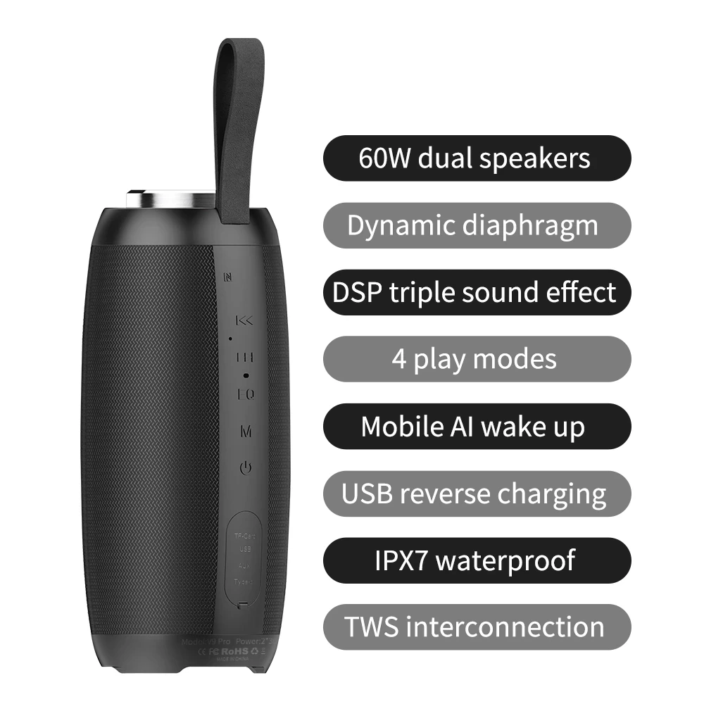 

V9 Pro Wireless Bluetooth Speaker Colorful Portable High-power 60W Subwoofer IPX7 Column Knob Button HiFi Sound Quality Support