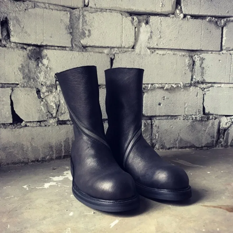 Черные Винтажные ботинки; мужские повседневные ботинки с высоким берцем из натуральной кожи с круглым носком; роскошные мужские кроссовки на платформе; военные ботинки
