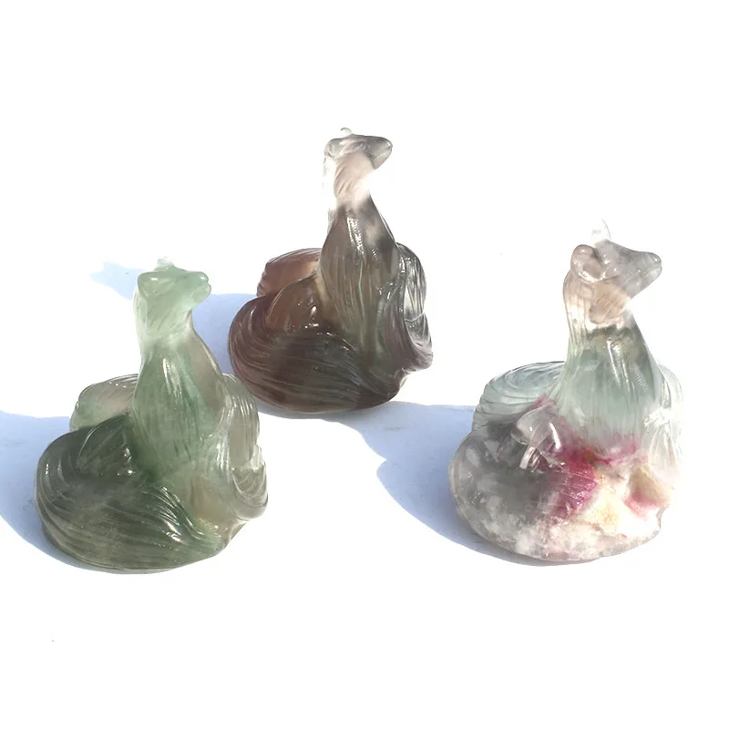

1 Pcs Hand Made Natural Rainbow Fluorite Crystal Nine Tails Fox Ornament