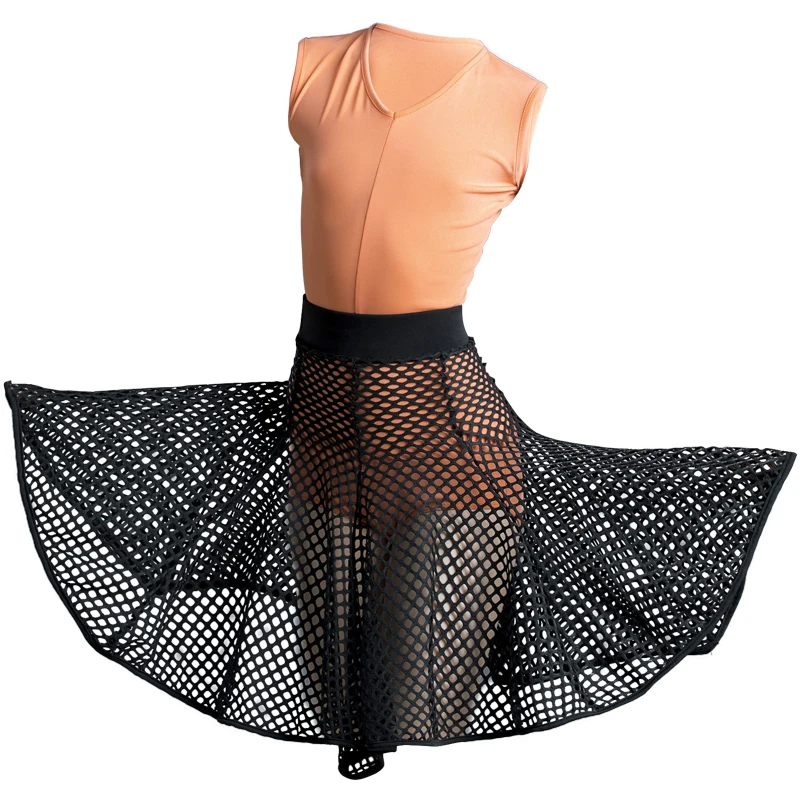 

2020 Latin Dance Dress Girls Tango Rumba Cha Cha Samba Salsa Practice Clothing Orange Sleeveless Bodysuit Black Mesh Skirt