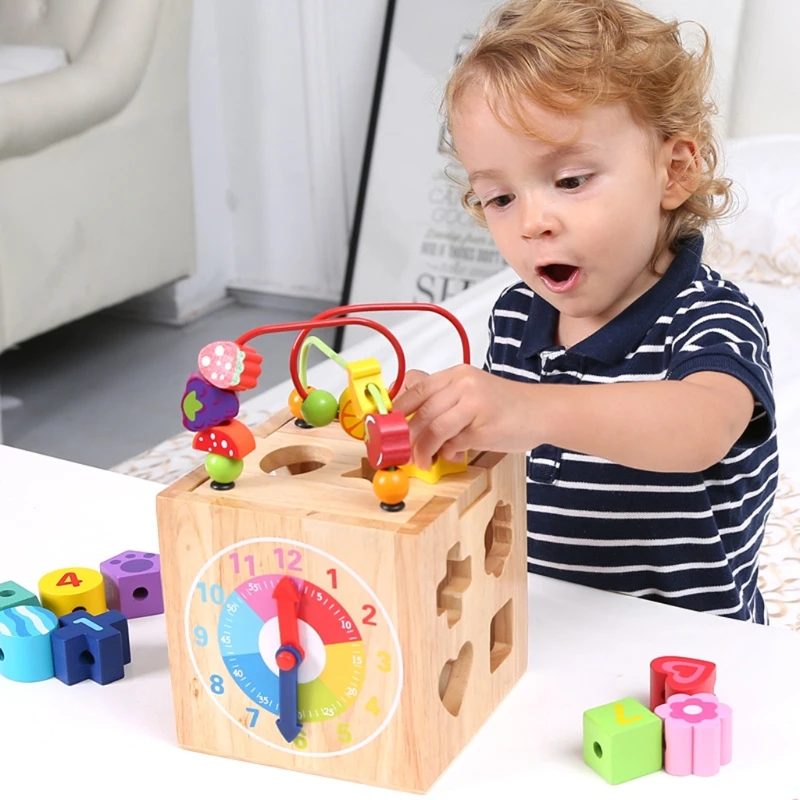 

Baby Wooden Montessori Toy Around Bead Maze Shape Recognition Clock Learning Toy
