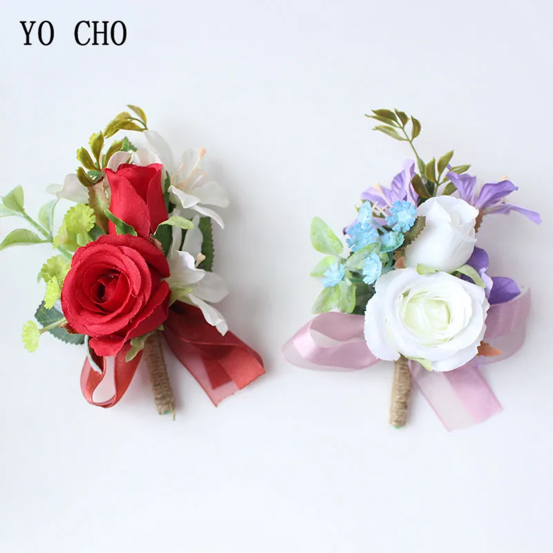 

YO CHO Silk Flowe Groom Boutonniere Flowers Wedding Corsage Boutoniere Pins Buttonhole Men Wedding Witness Marriage Accessories