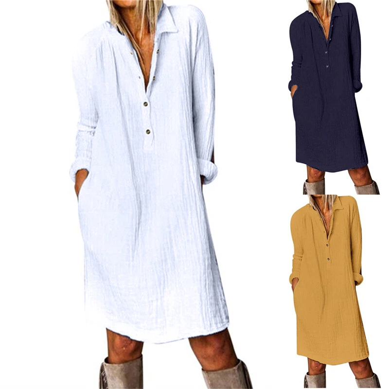 

Cotton Linen Women Dress 2020 Spring Autumn Loose Plus Size Casual Vestidos Long Sleeve Nature Button Turn Down Collar Dresses