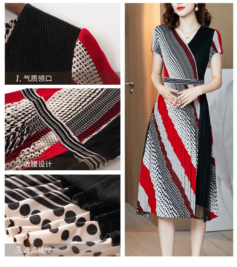 

2021 Summer New Fashion Design Elegant Short Sleeve Soft High Elastic Free Size Contrast Color Polka Dot Pleated Dress Woman