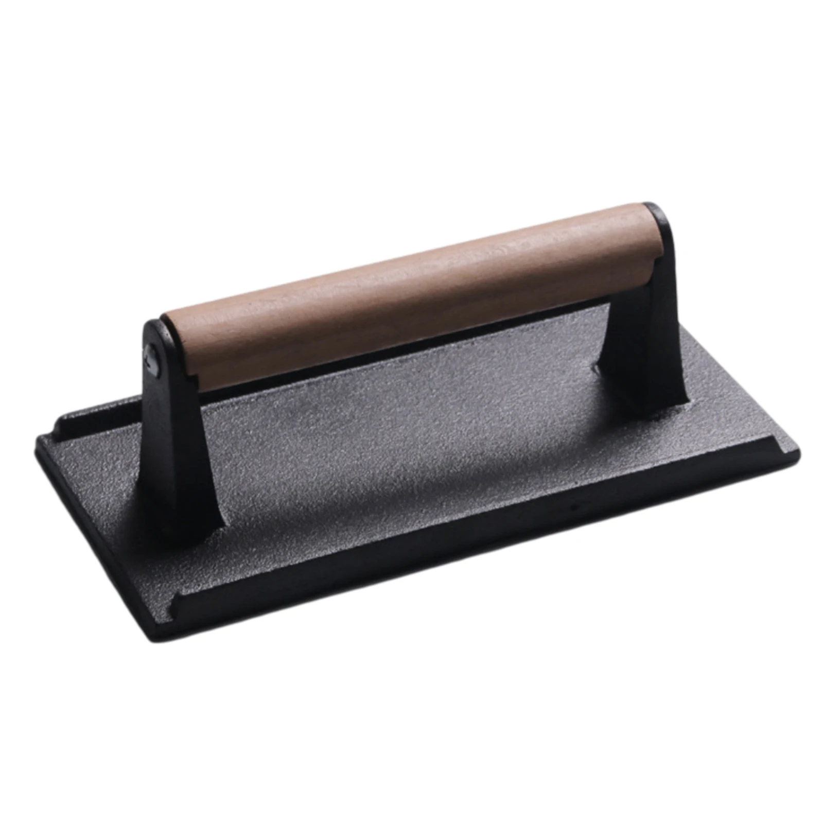 

Cast Iron Meat Press Plate Rectangular Uncoated Square Grid Heavy-duty Bacon Press Barbecue Steak Press Plate Beech Wood Handle