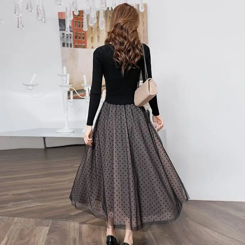 Timis Li/длинные платья трикотажный топ с кружевным пухом и длинным рукавом