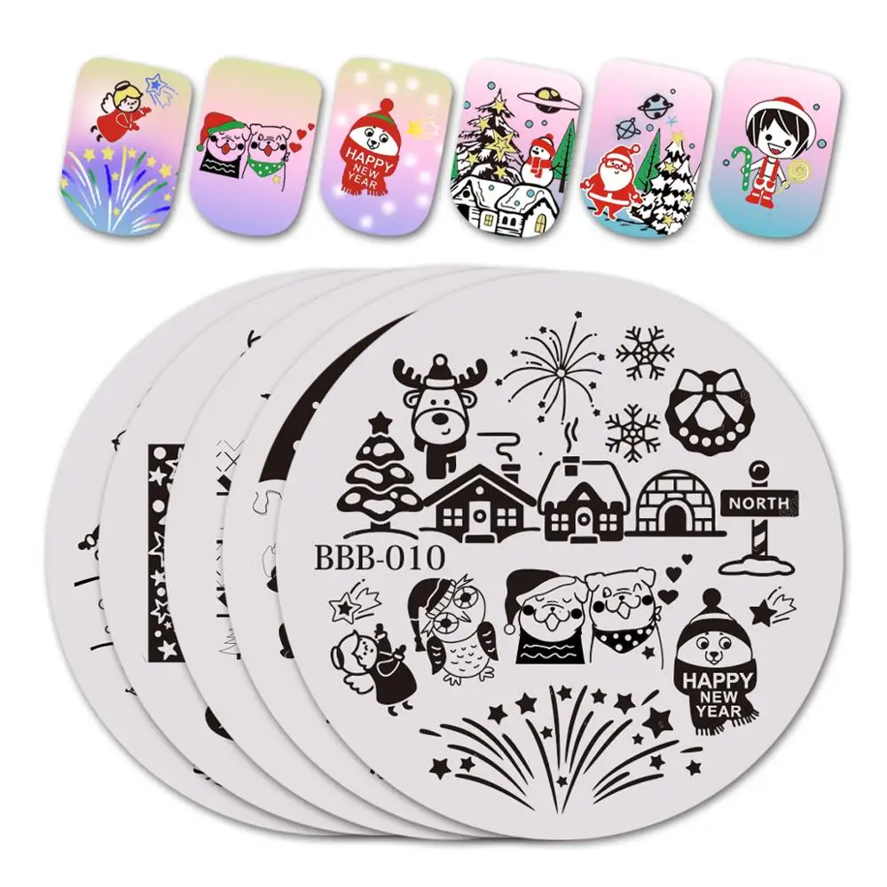 

BeautyBigBang Round Stamping Stencil Christmas Tree Snowman Cute Image Plate For Nail Art Template Nail Stamping Plates BBB-008