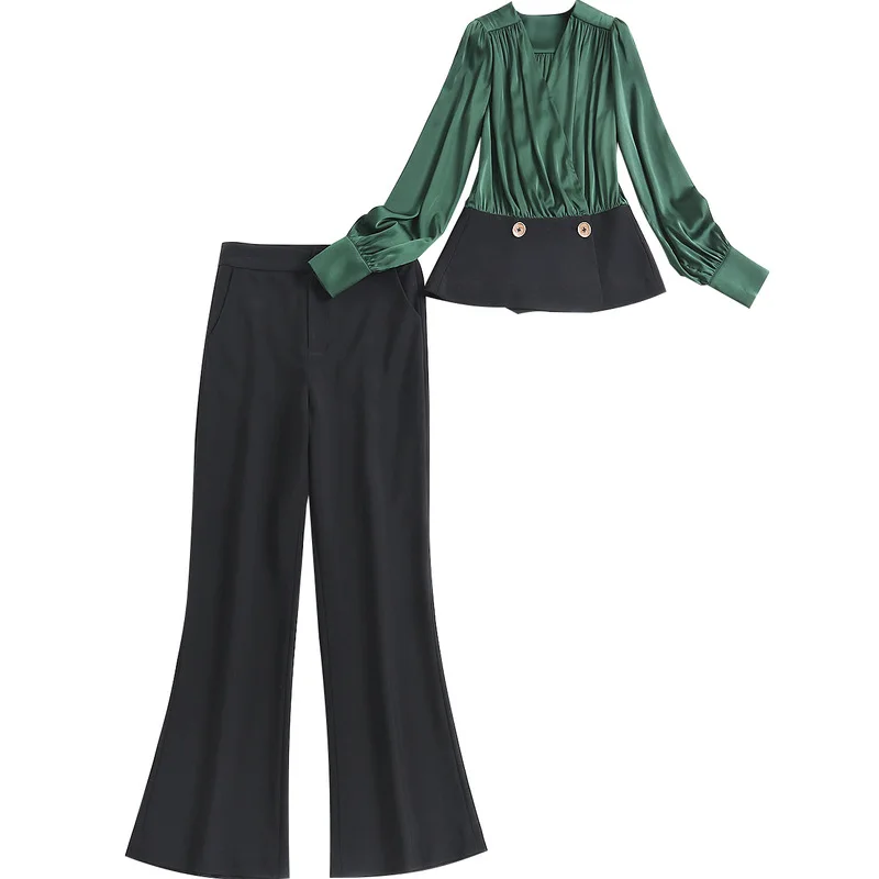 

Shuchan 2 Piece Set Office Lady 2021 Spring Pullover + Ankle-Length Flare Pants Women Patchwork V-Neck Top