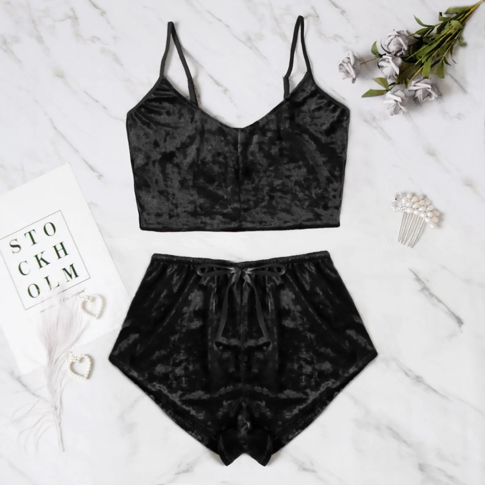 

Womens Sexy Velvet 2 Pieces Romper Outfit Sleeveless Crop Top Camisole + Shorts Pajama Corset Sets Sexy Underwear Women Summer A