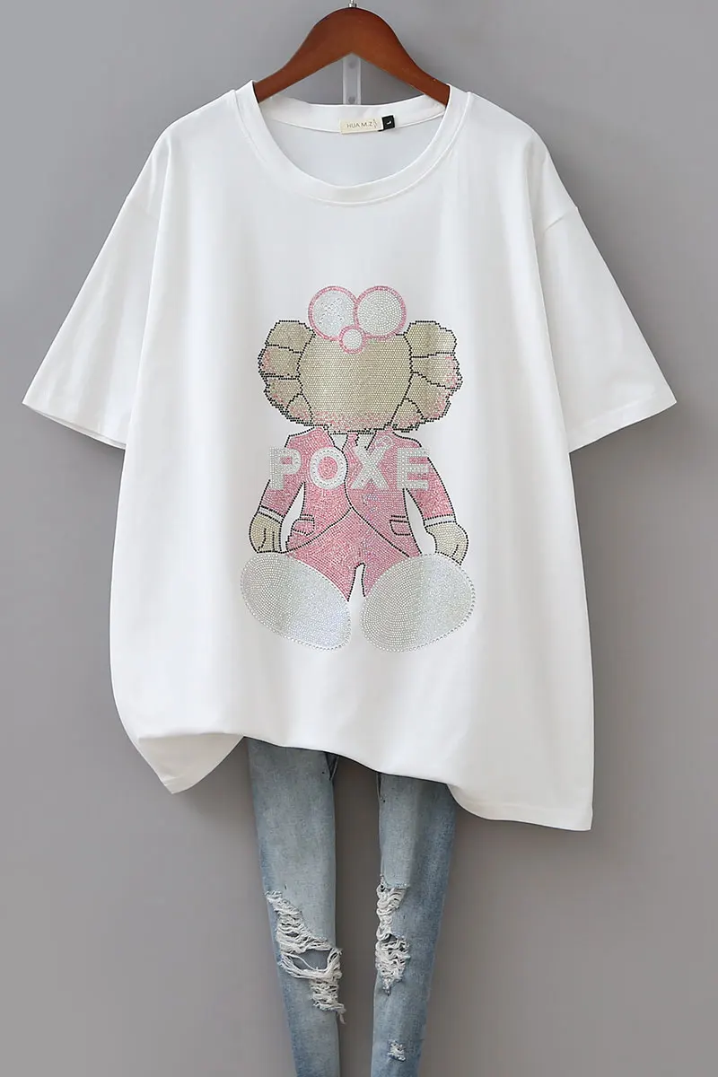 

Women's Korean-Style Loose Large Size Diamond Short-Sleeved T-shirt Mid-Length Cartoon Top Round Neck Half-Sleeved T-shirt Tops