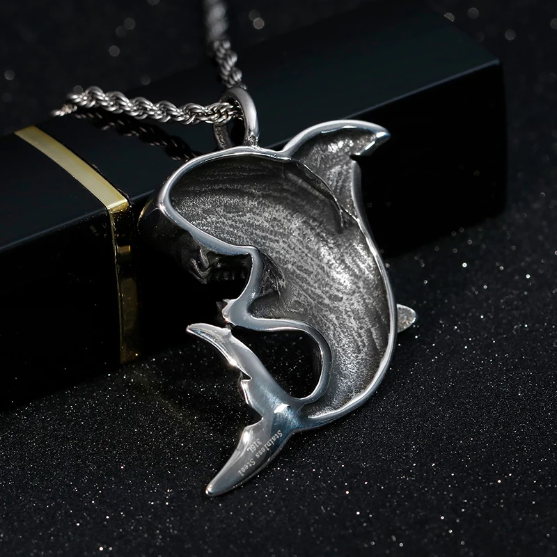 Vintage Hiphop Stainless Steel Shark Pendant Necklace For Men Women Fish With Twisted Rope Chain Male Jewelry | Украшения и