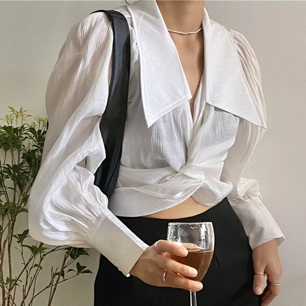 

Осень 2021 женская новая блузка корейская мода темперамент крест v-образным вырезом Повседневная однотонная Простая рубашка женская