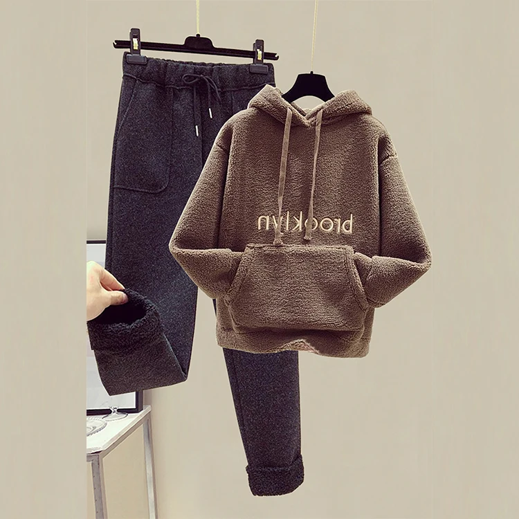 

Autumn winter fashion two piece set top and pants loose plus velvet lamb wool sweater casual pants year-old female costume